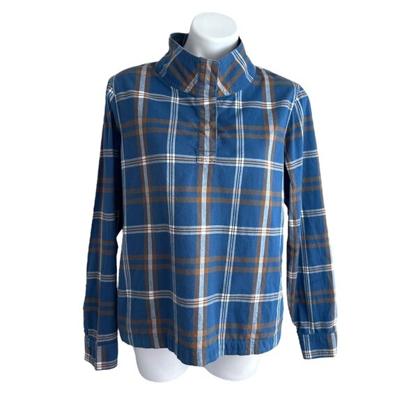 LL Bean Flannel Top Green Plaid Pullover Heritage High Neck Button Pockets Sz M - Picture 2 of 16